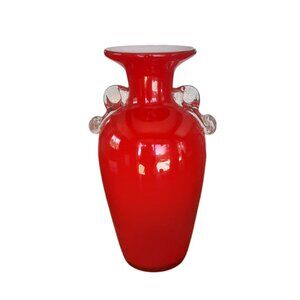 Franz Welz Czech Bohemian Red White Blown Glass Vase W/ Embossed Feather Handles